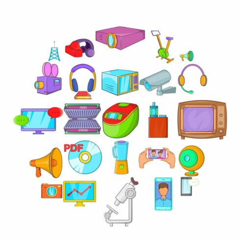 Technique icons set, cartoon style cover image.