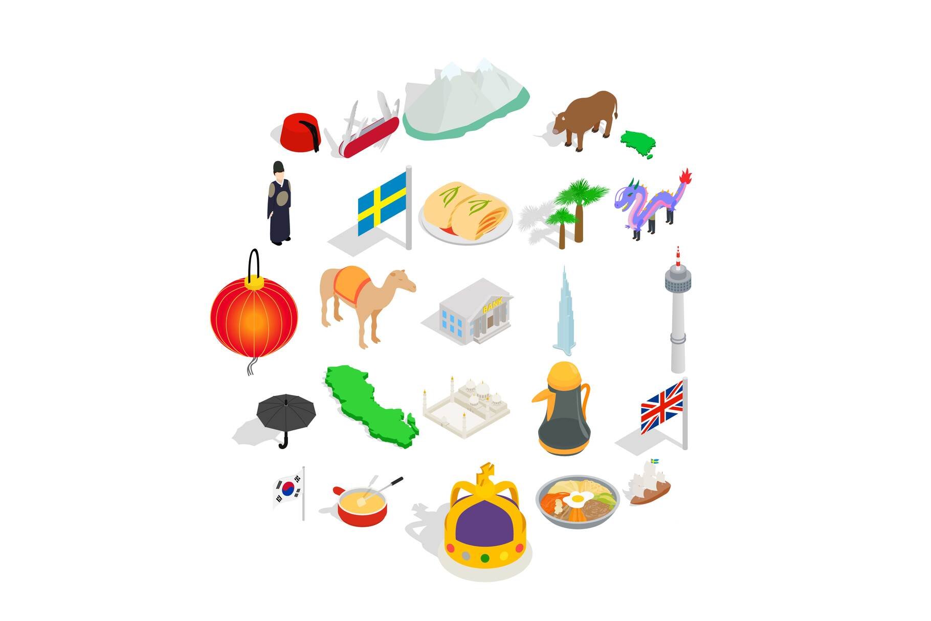 Europe icons set, isometric style cover image.