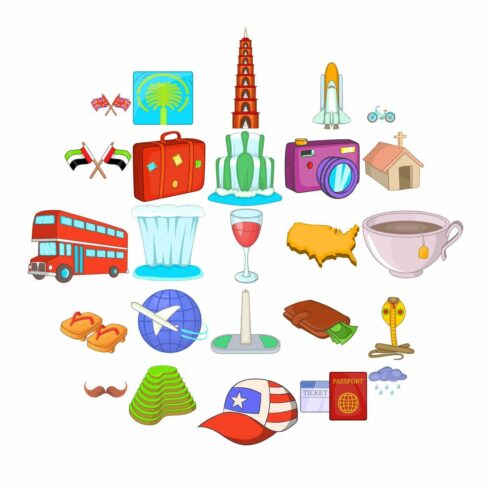 World trip icons set, cartoon style cover image.