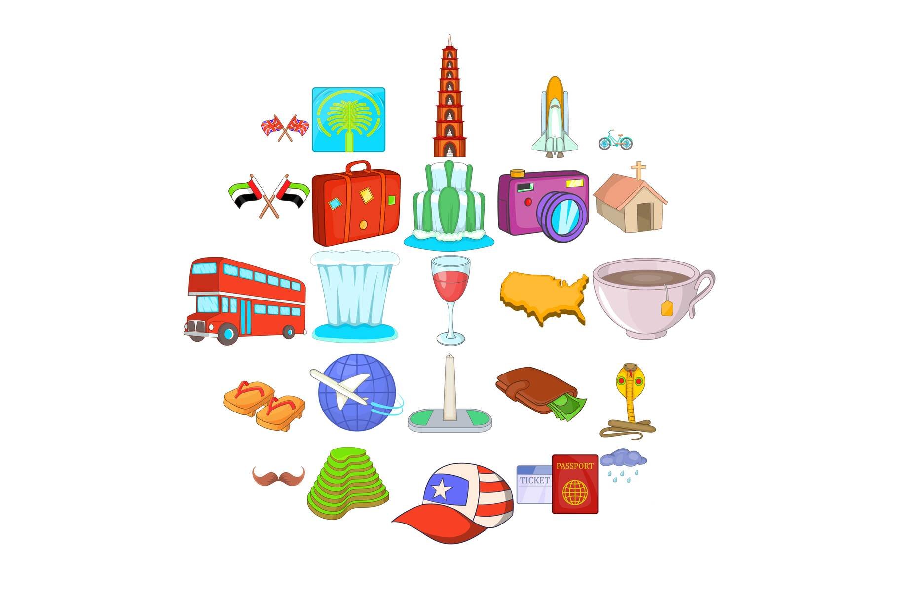 World trip icons set, cartoon style cover image.