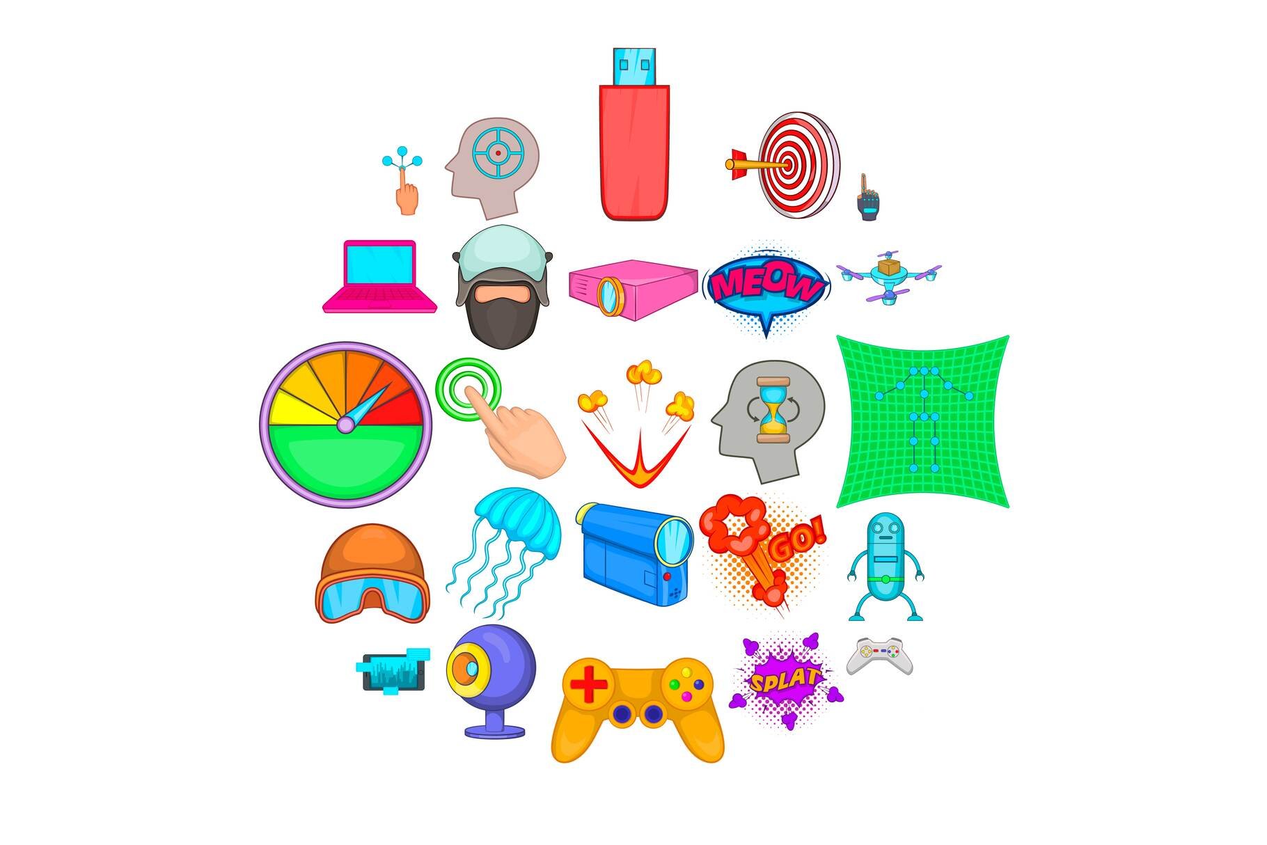 Virtual icons set, cartoon style cover image.