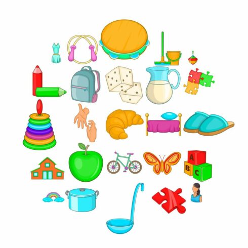 Childminder icons set, cartoon style cover image.