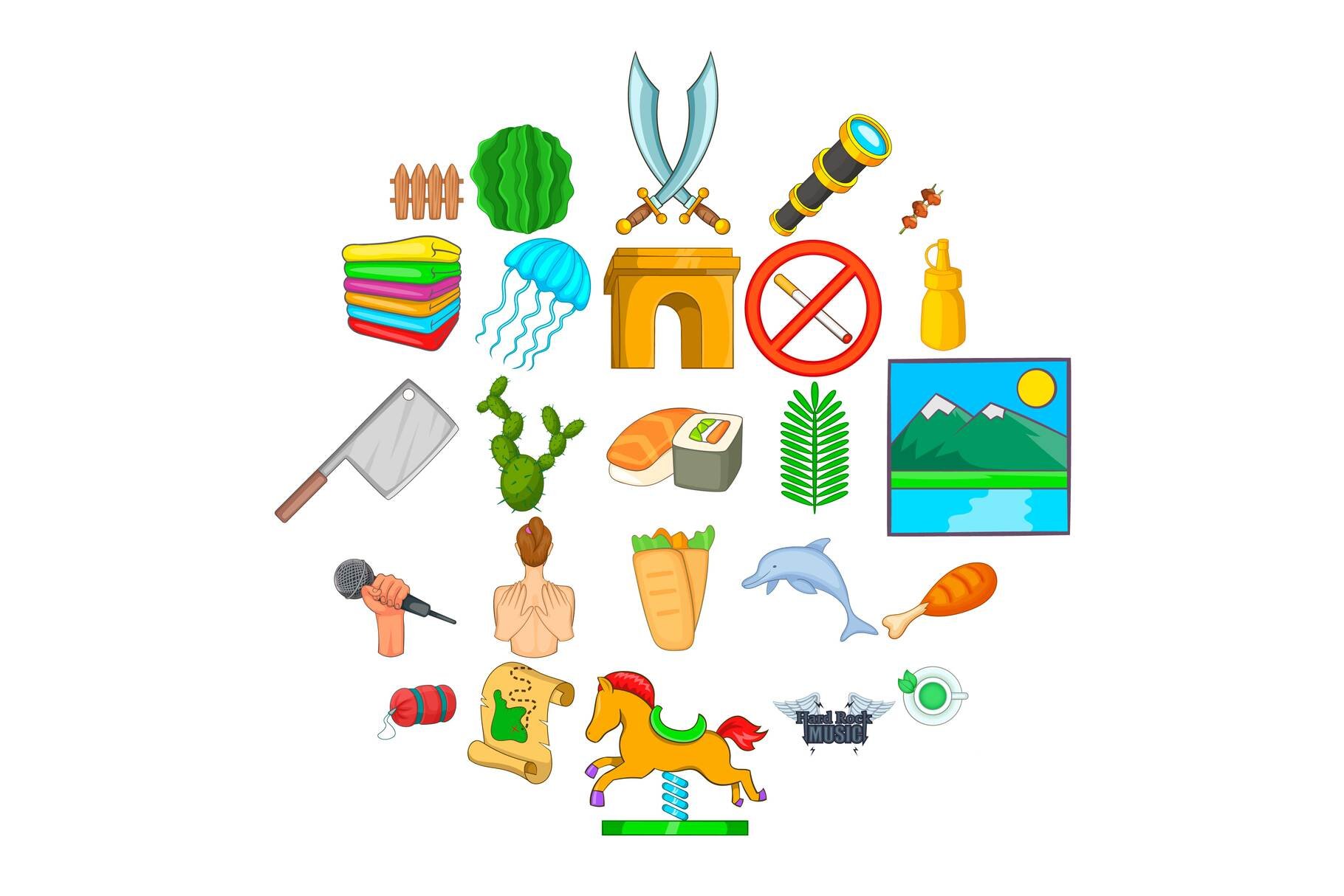 Summer trip icons set, cartoon style cover image.