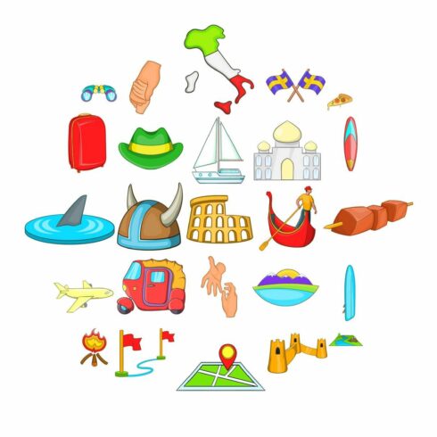 Beach view icons set, cartoon style cover image.