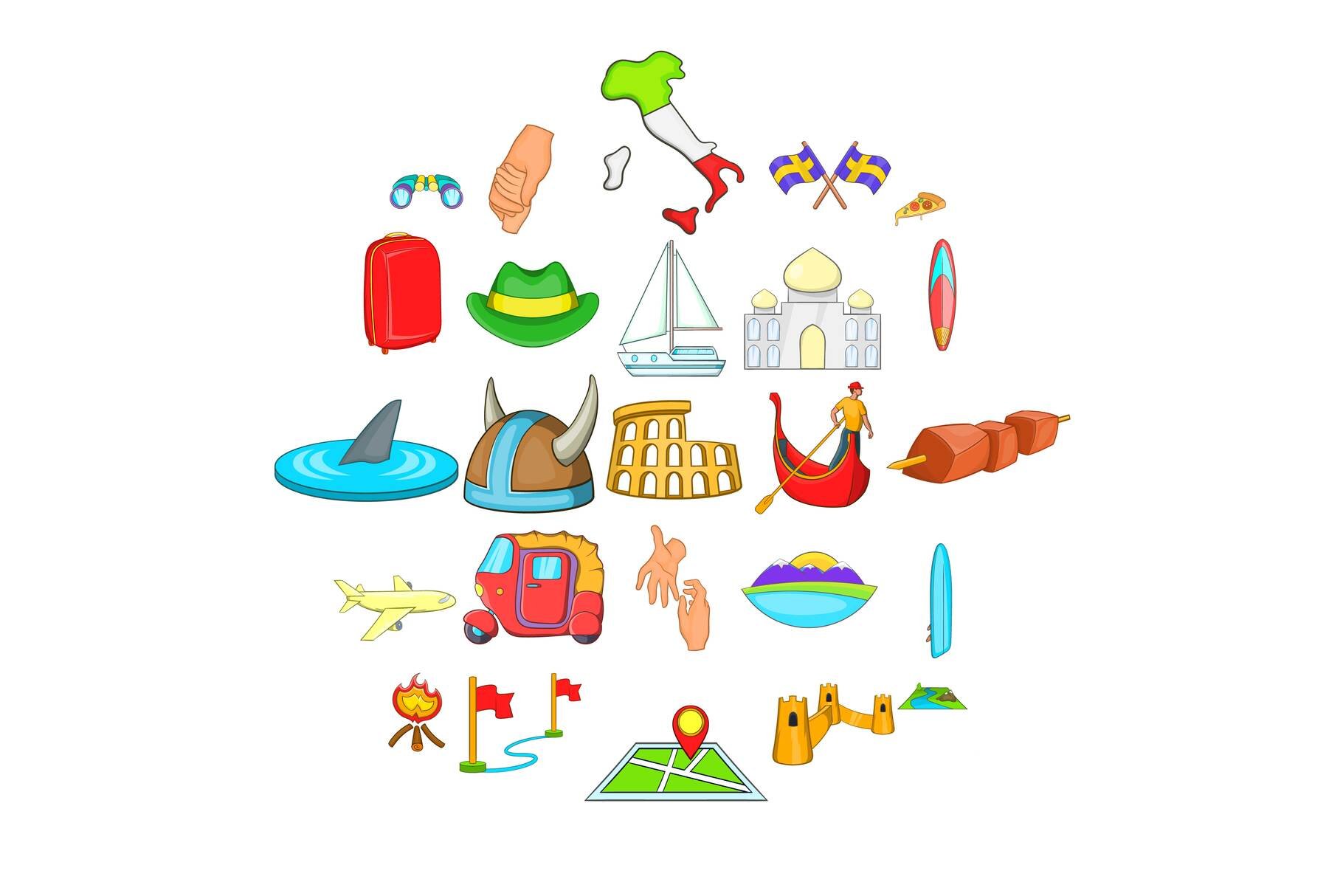 Beach view icons set, cartoon style cover image.