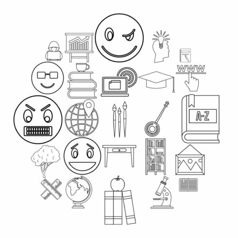 University degree icons set, outline cover image.
