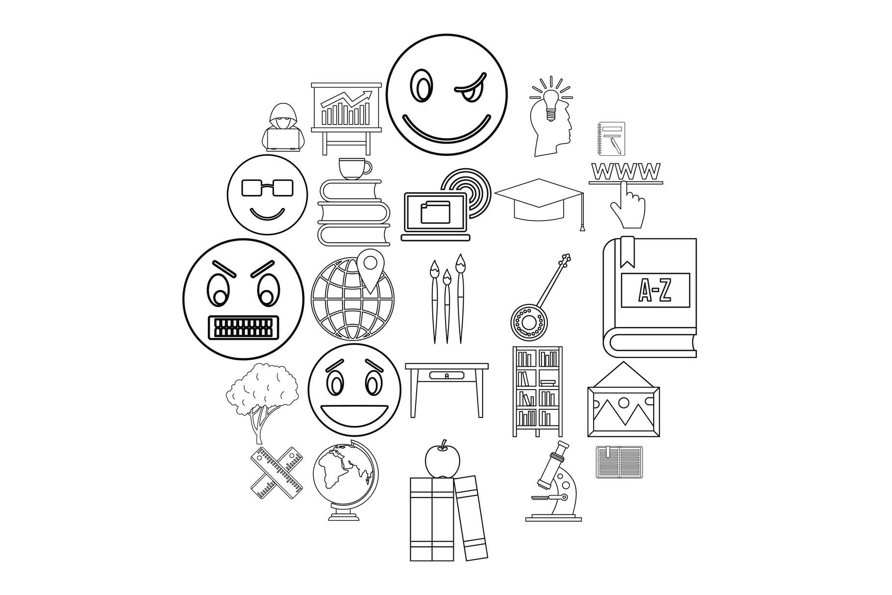 University degree icons set, outline cover image.