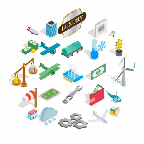 Airplane icons set, isometric style cover image.