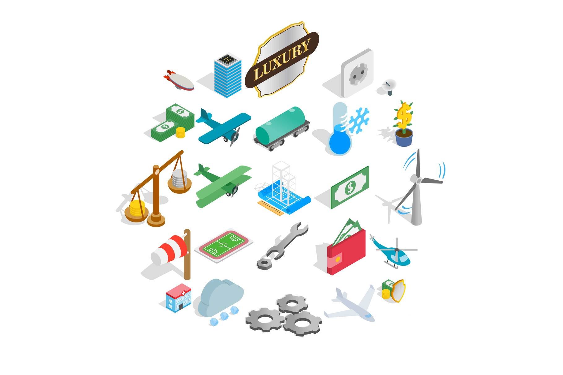 Airplane icons set, isometric style cover image.