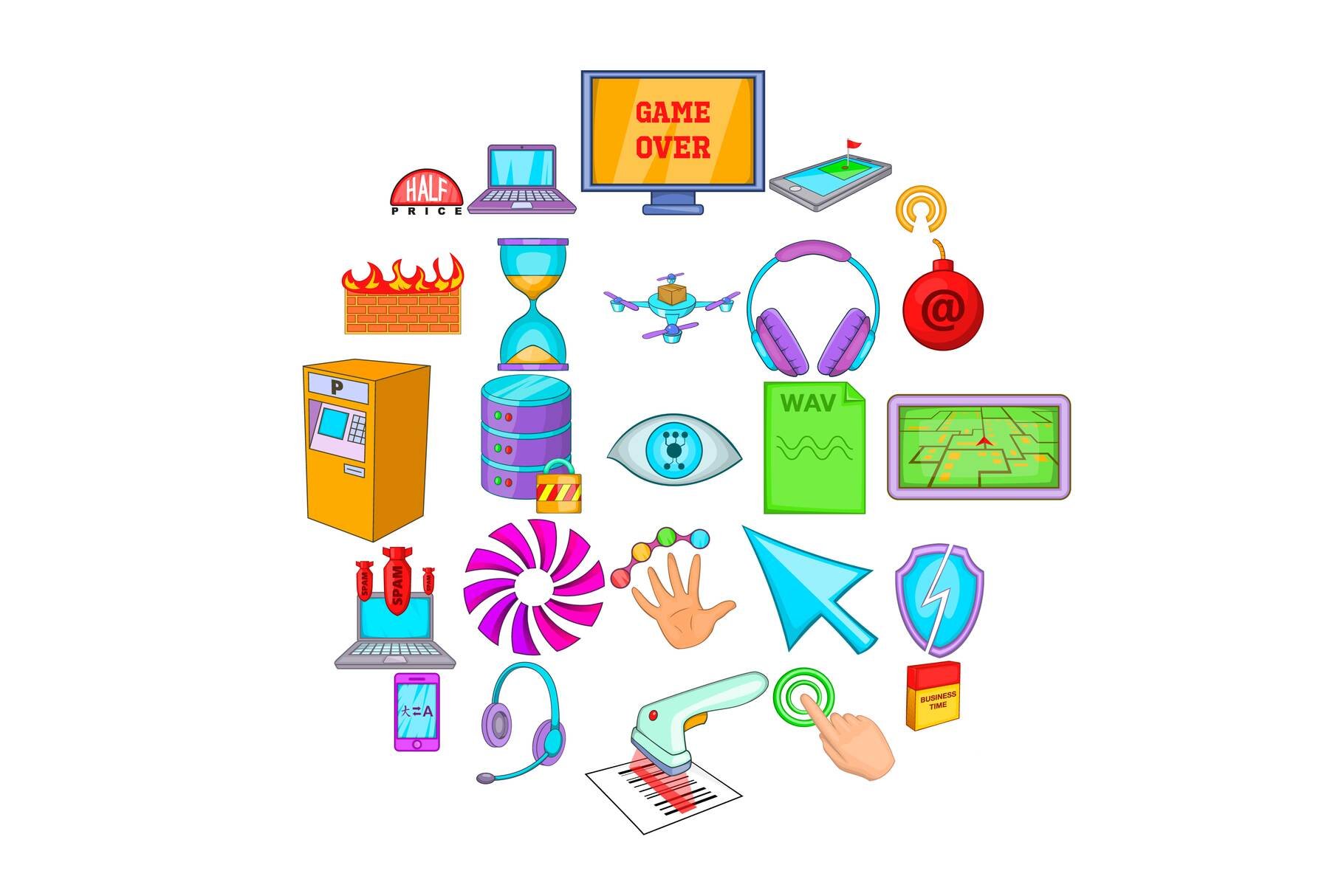 Computer literacy icons set, cartoon cover image.