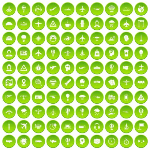 100 aviation icons set green cover image.
