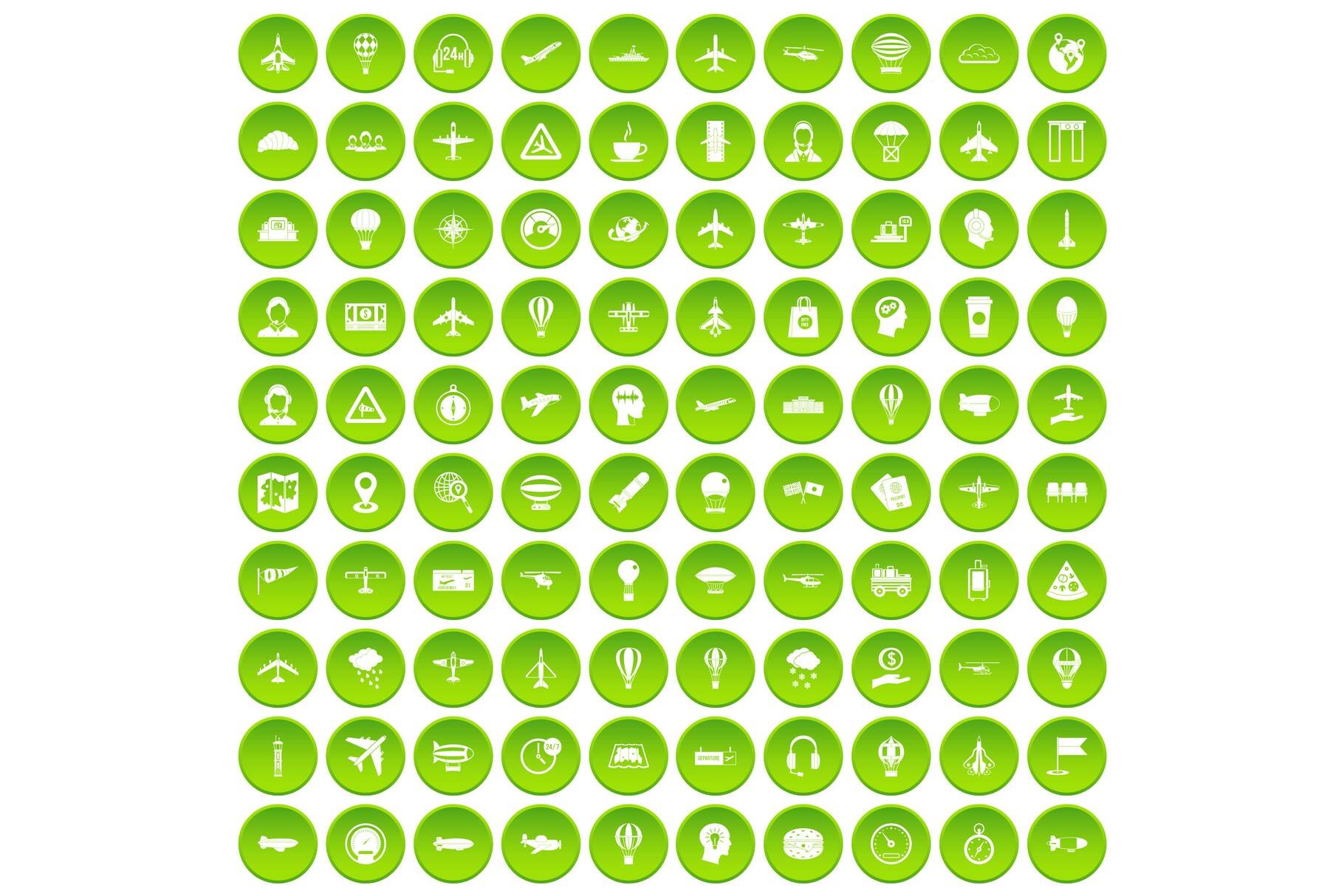 100 aviation icons set green cover image.