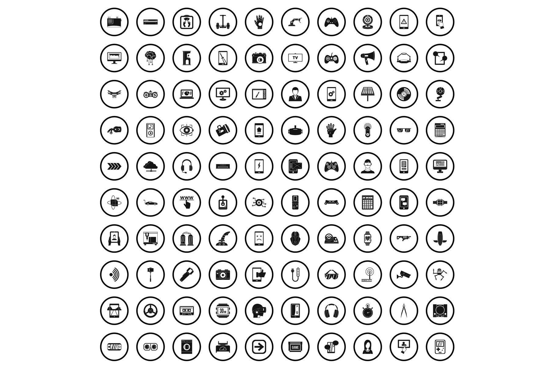 100 gadget icons set, simple style cover image.
