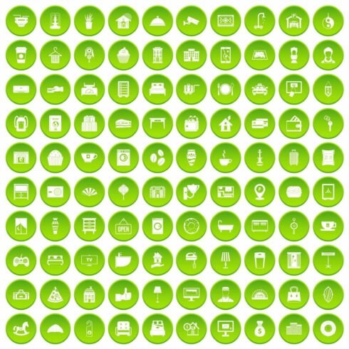 100 hotel icons set green cover image.