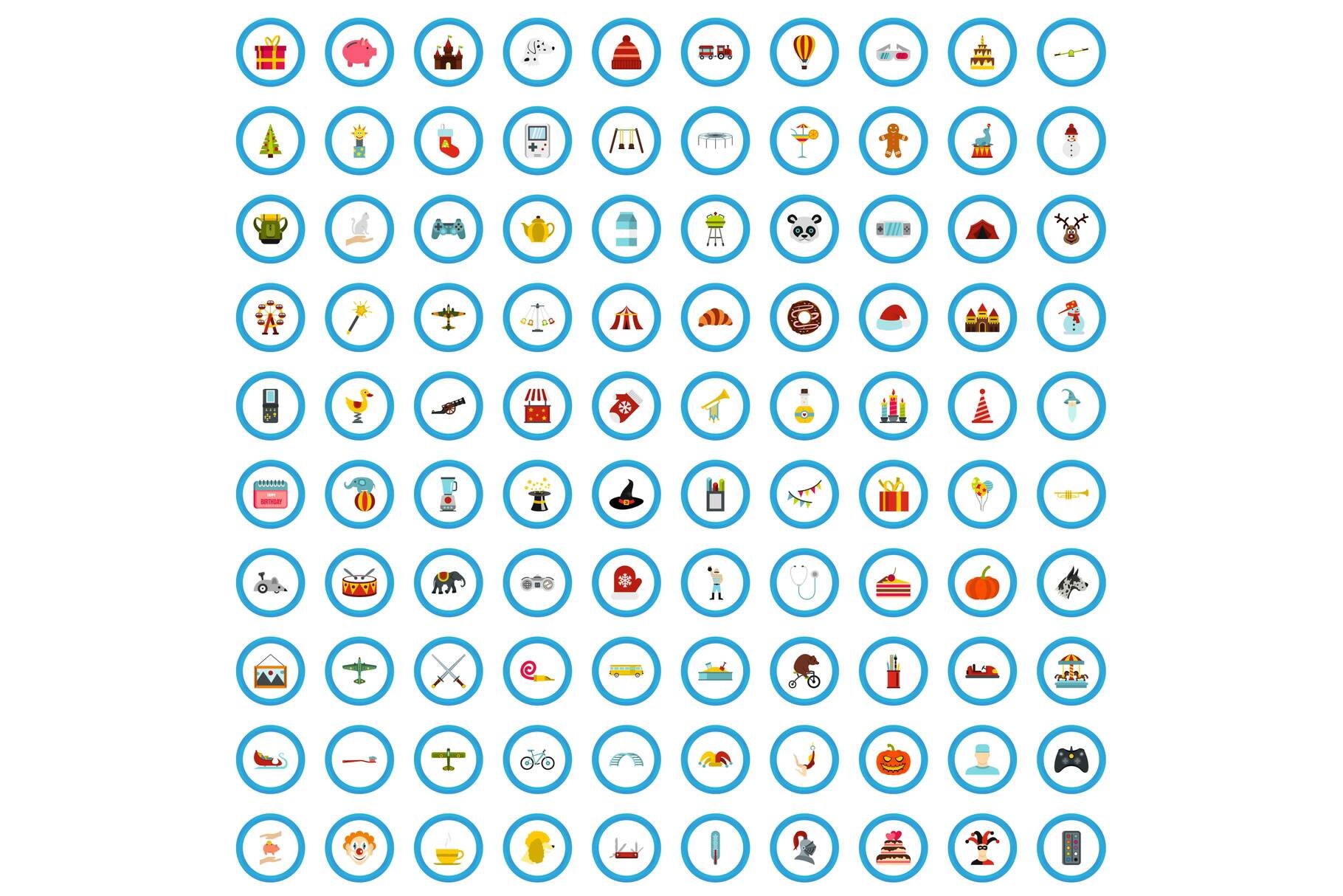 100 children icons set, flat style cover image.