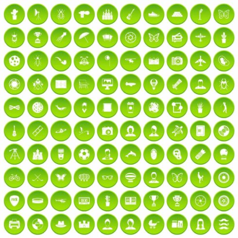 100 photo icons set green cover image.