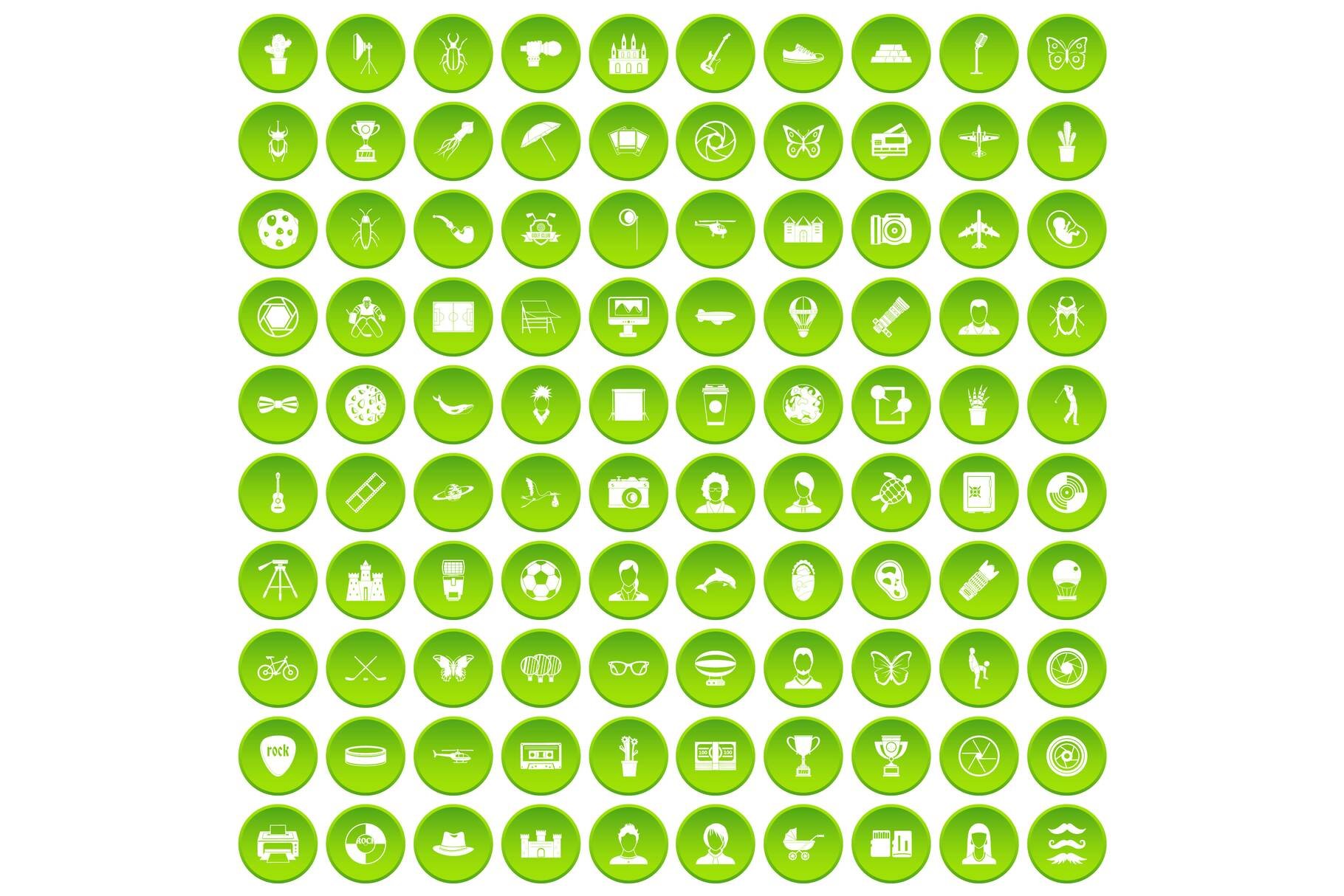 100 photo icons set green cover image.