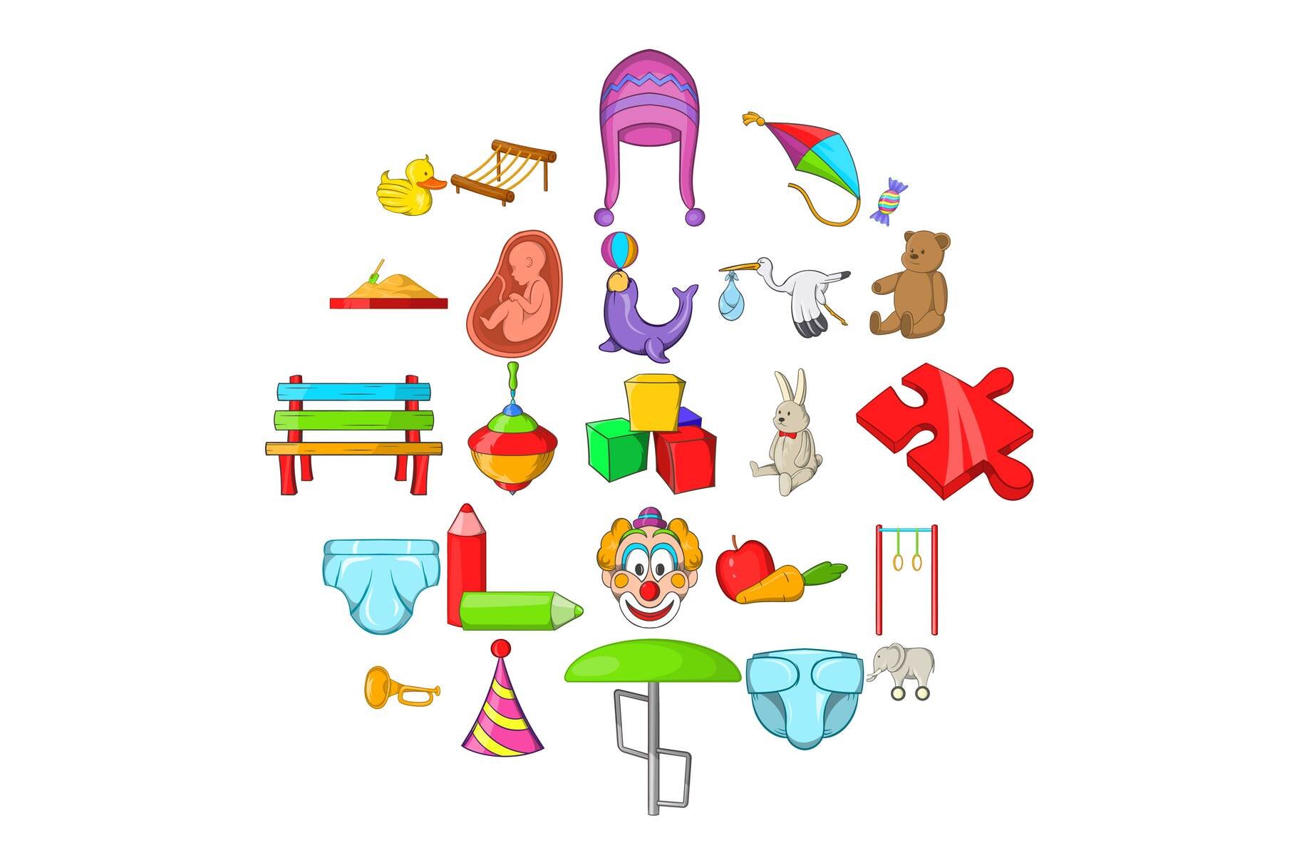 Infant icons set, cartoon style cover image.