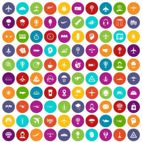 100 aviation icons set color cover image.