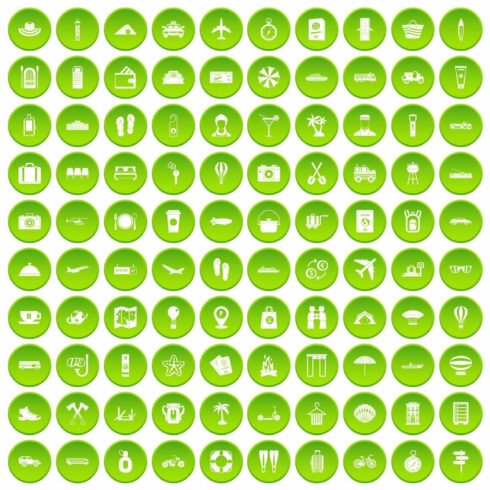 100 travel time icons set green cover image.