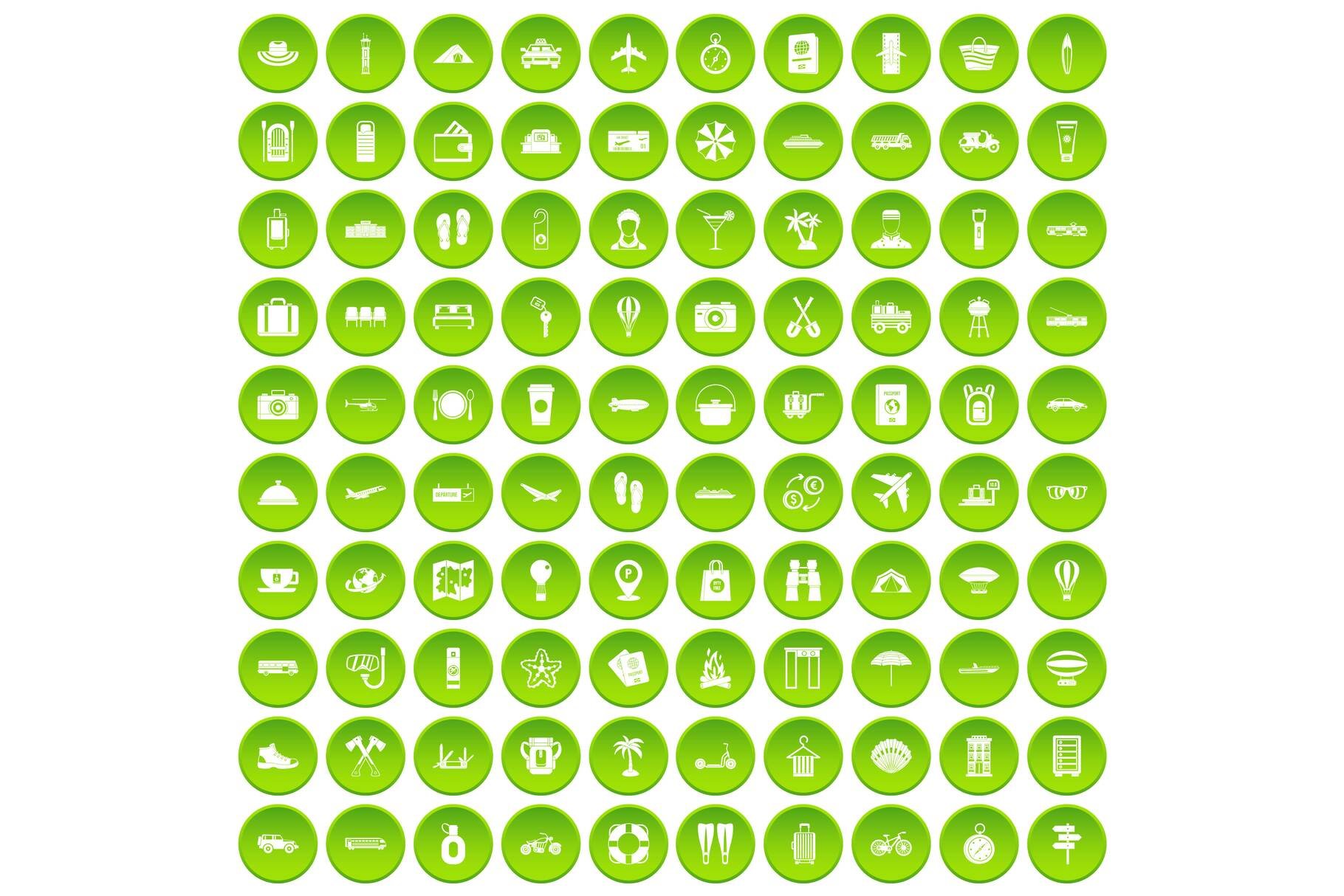 100 travel time icons set green cover image.