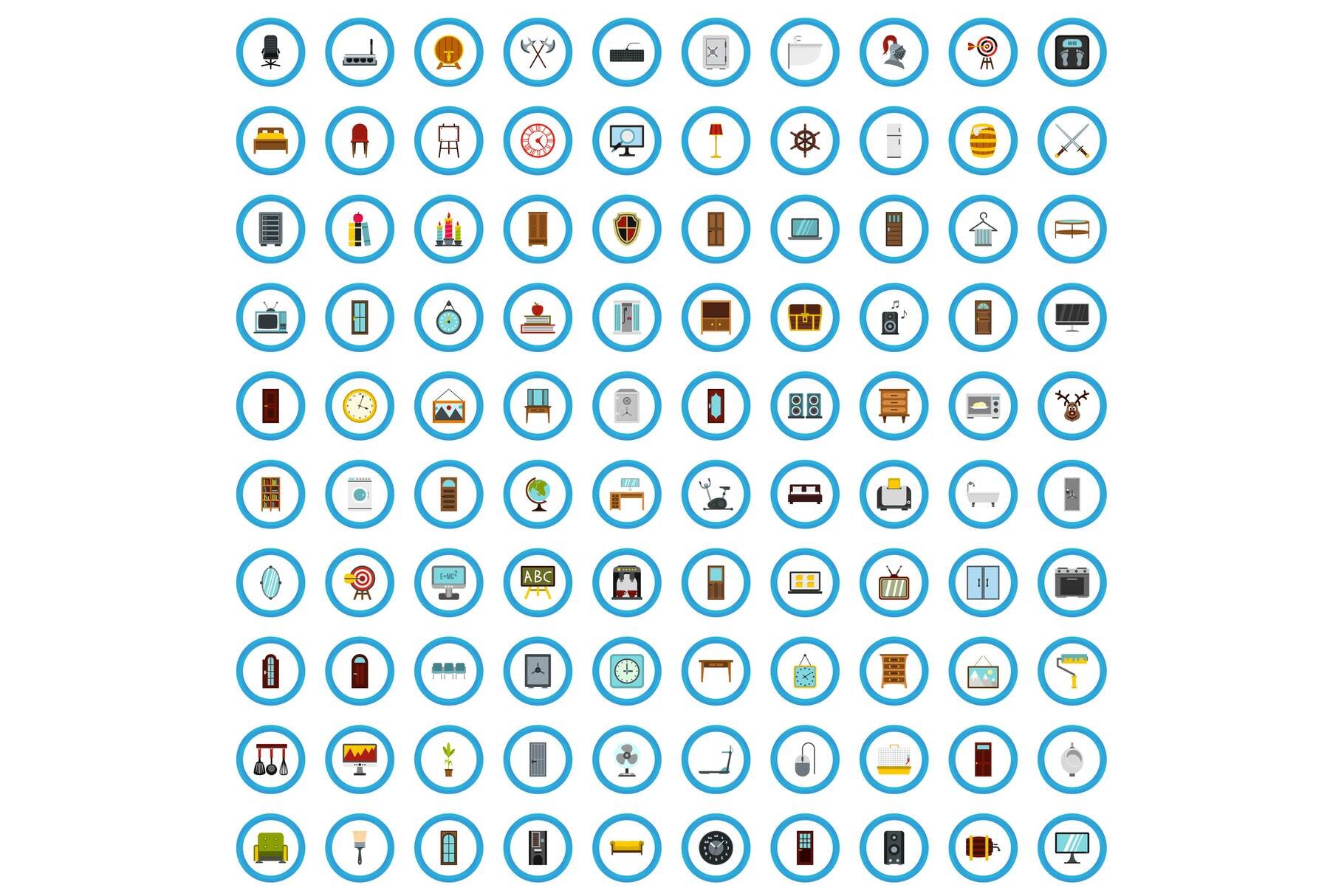 100 furniture icons set, flat style cover image.