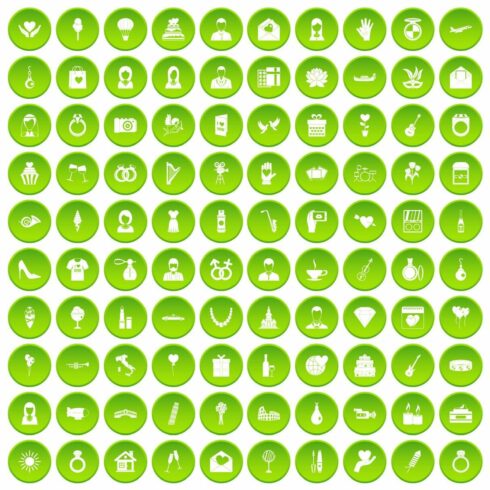 100 wedding icons set green cover image.