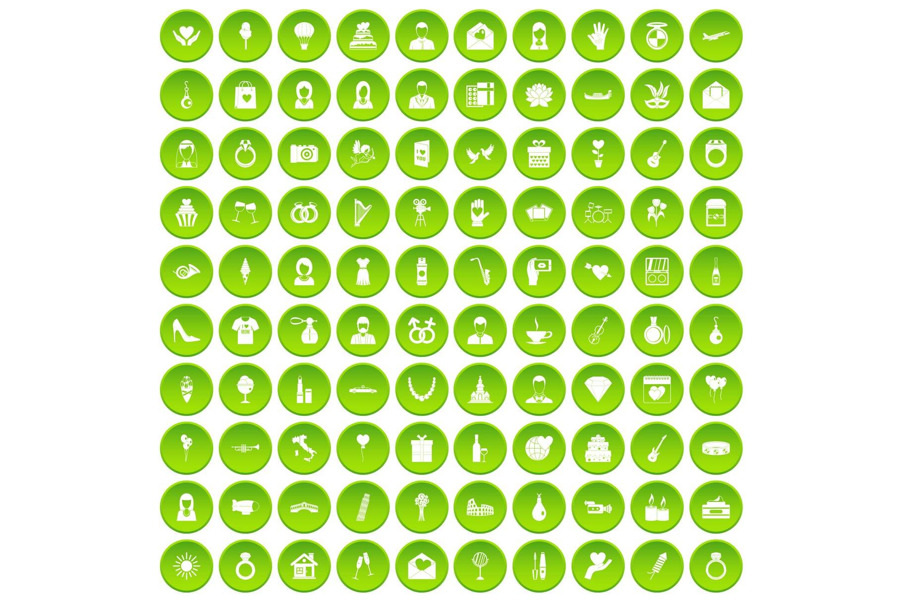 100 wedding icons set green cover image.