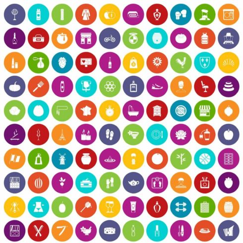 100 beauty product icons set color cover image.