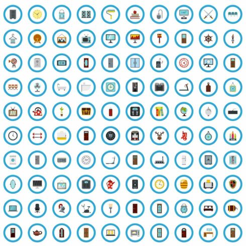 100 interior icons set, flat style cover image.