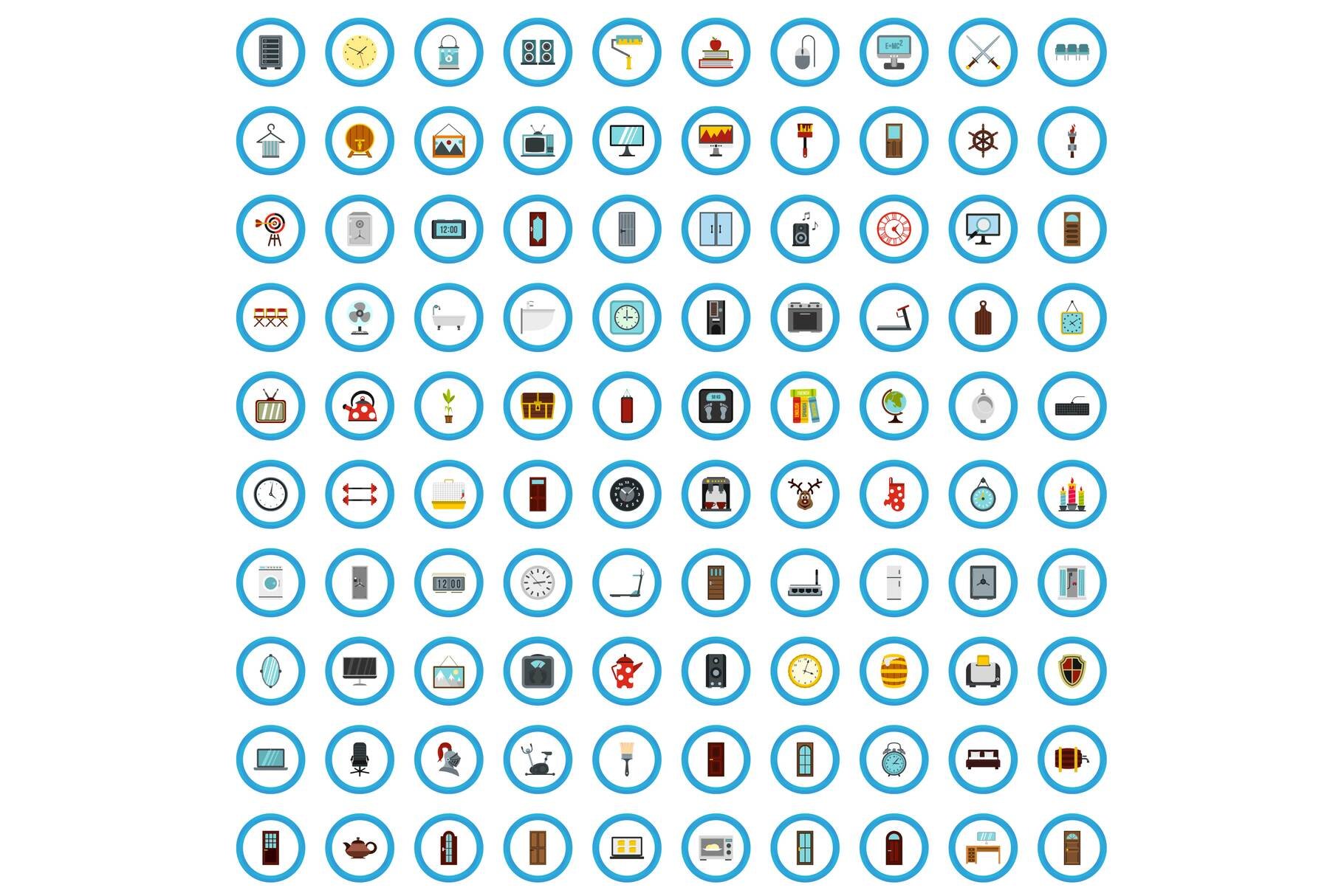 100 interior icons set, flat style cover image.