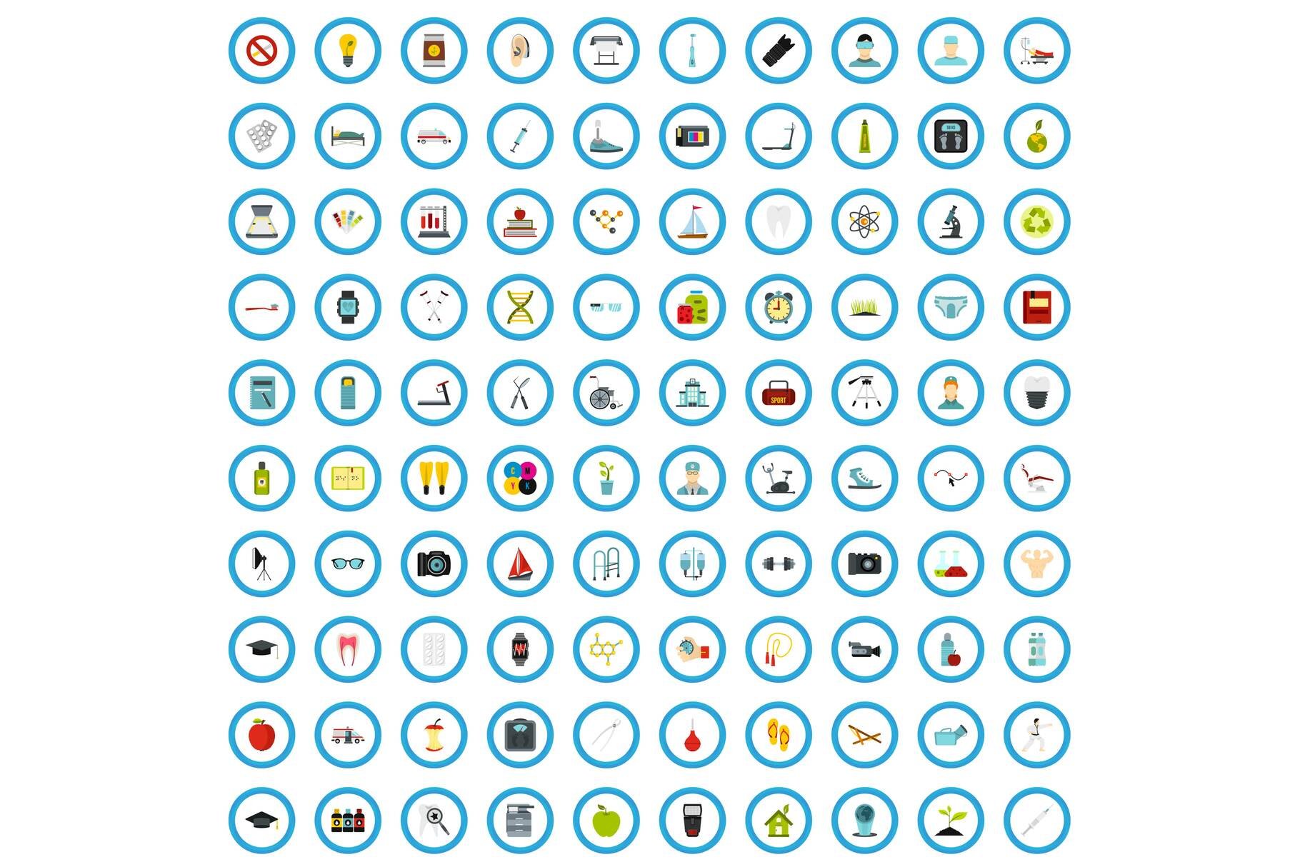 100 medical journal icons set cover image.