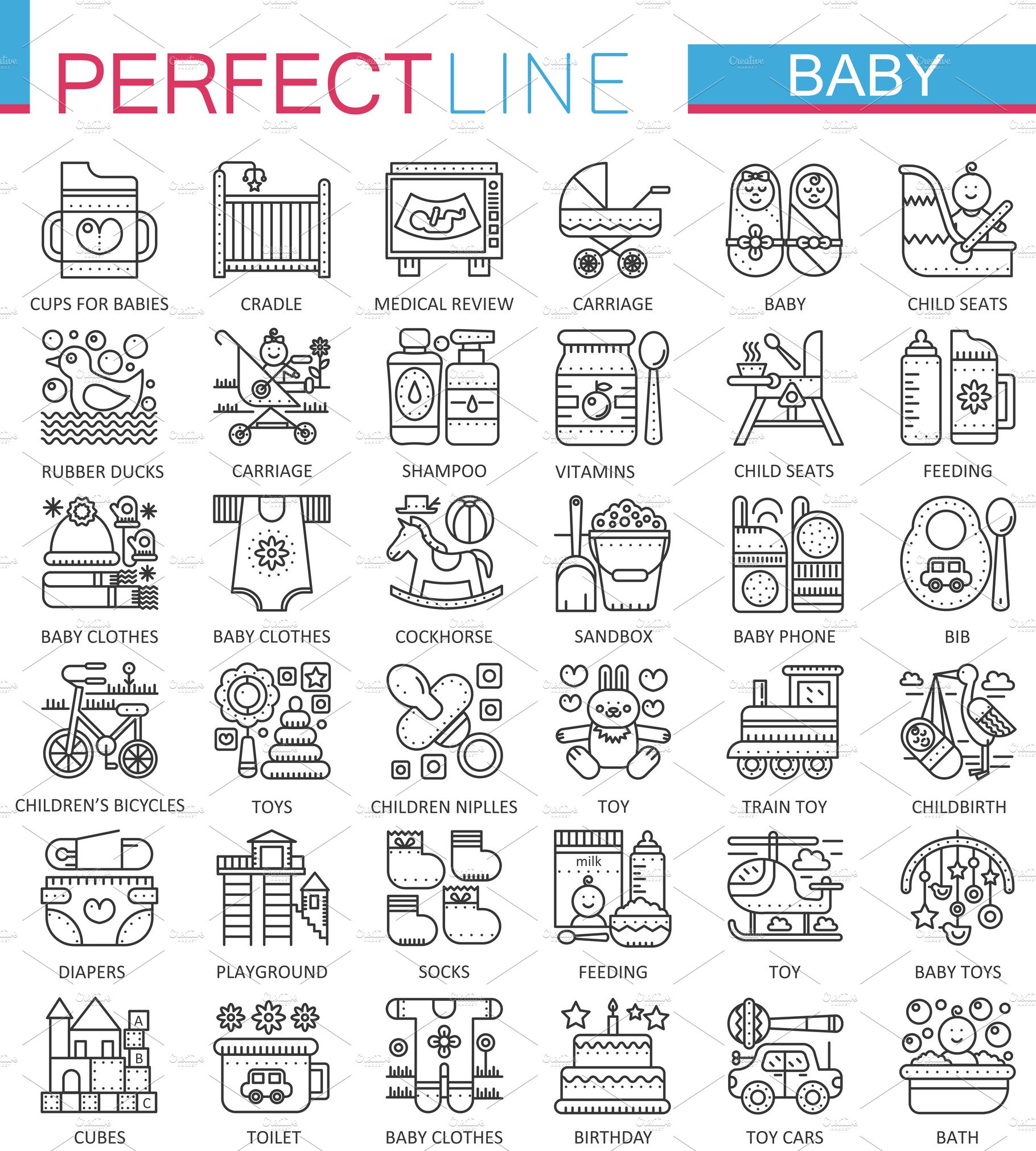 Baby care concept line icons cover image.