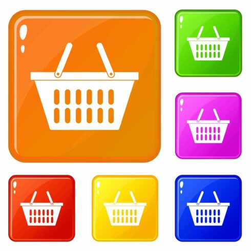 Plastic shopping basket icons set cover image.