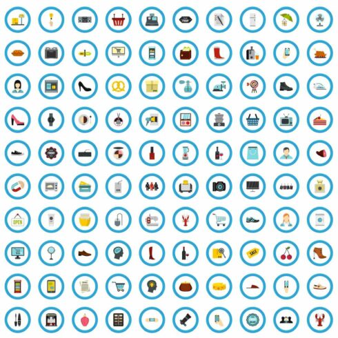 100 shop agency icons set cover image.