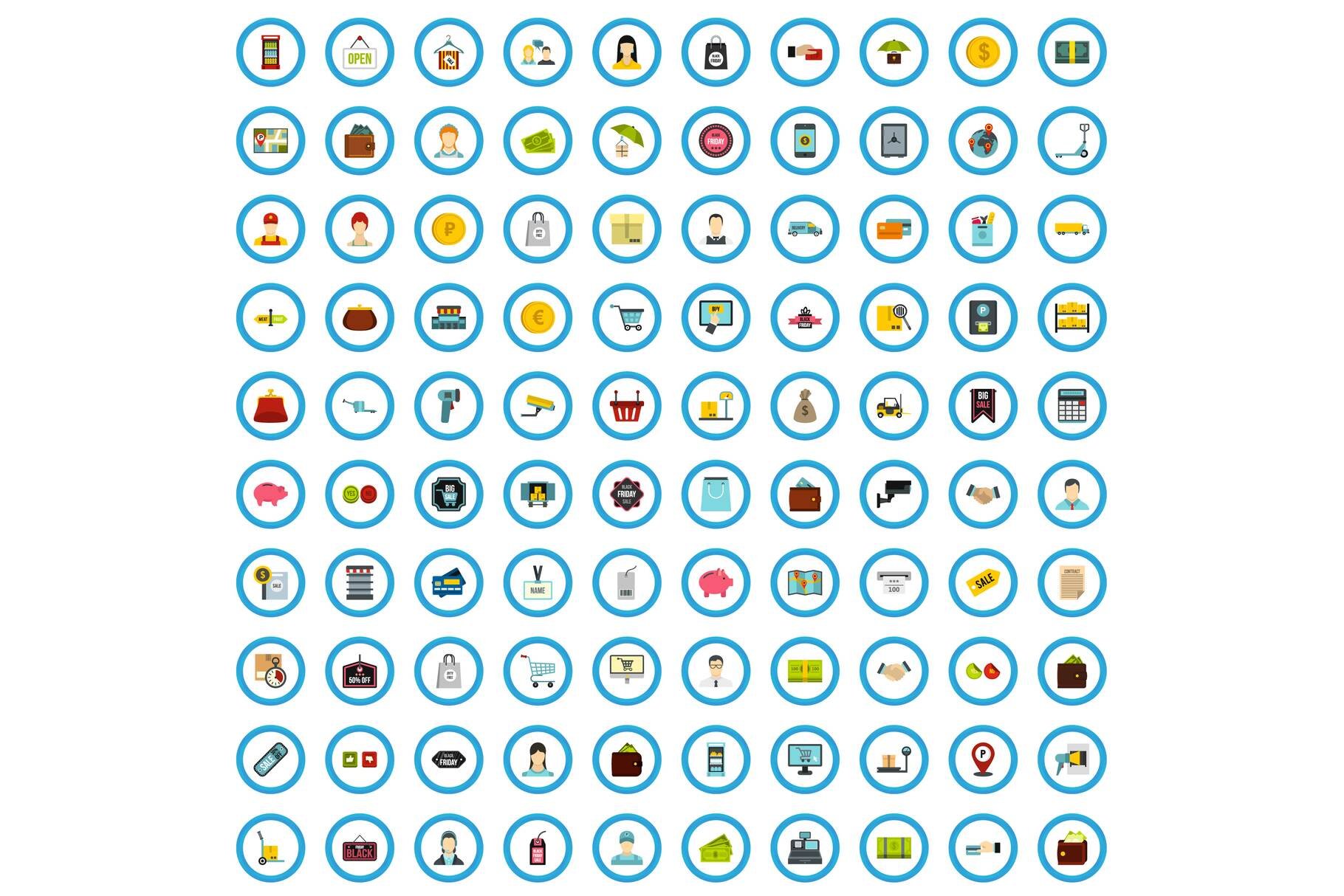100 shopping icons set, flat style cover image.