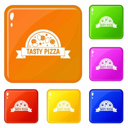 Tasty pizza sign icons set vector cover image.