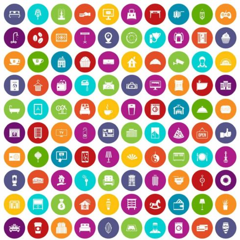 100 hotel icons set color cover image.