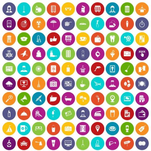 100 hotel services icons set color cover image.