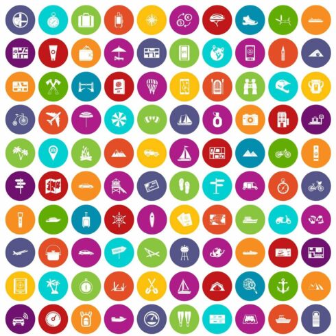 100 travel icons set color cover image.