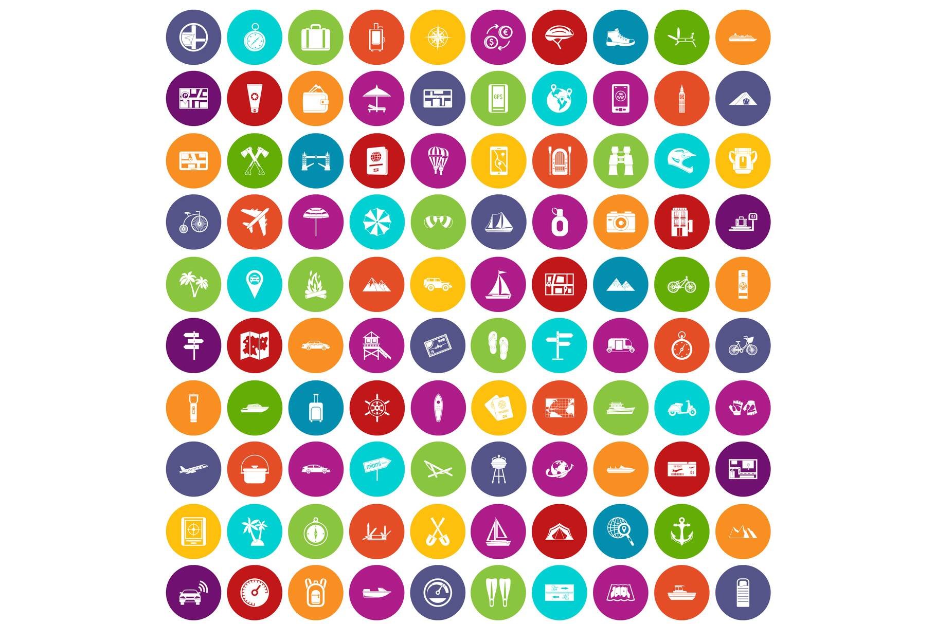 100 travel icons set color cover image.