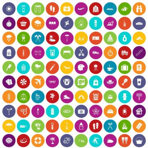 100 vacation icons set color cover image.