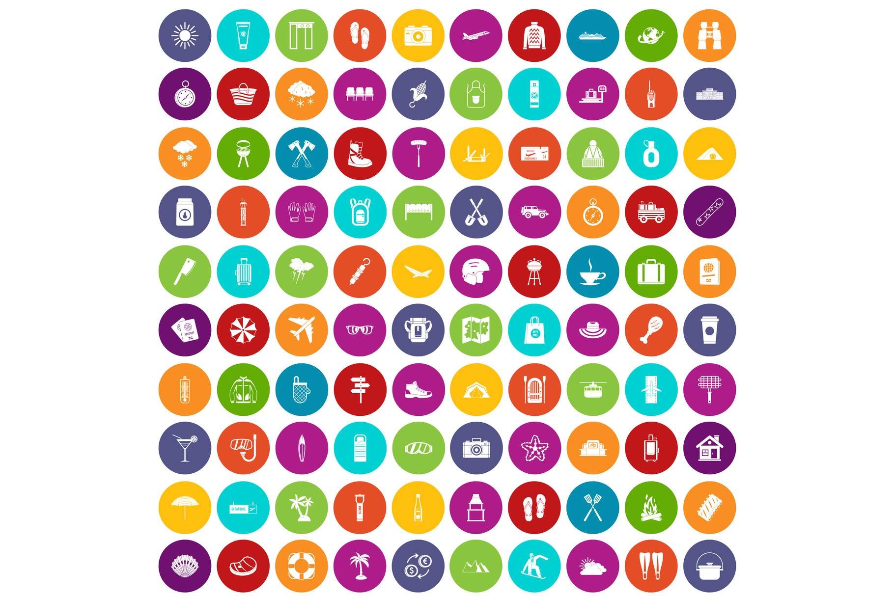 100 vacation icons set color cover image.