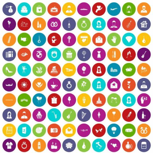 100 wedding icons set color cover image.