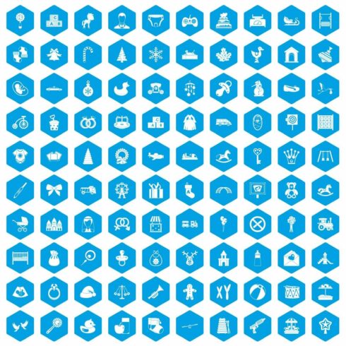 100 baby icons set blue cover image.