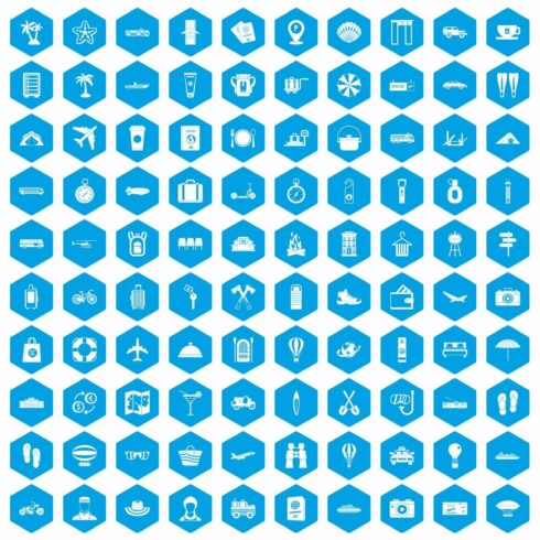 100 travel time icons set blue cover image.