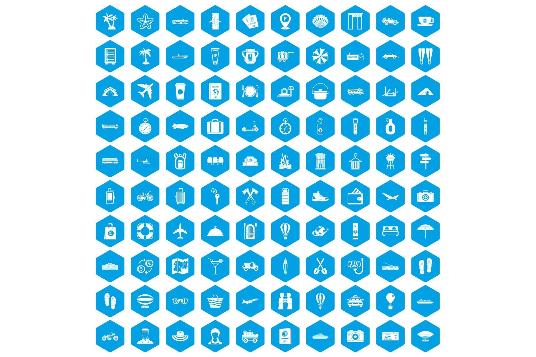 100 travel time icons set blue cover image.