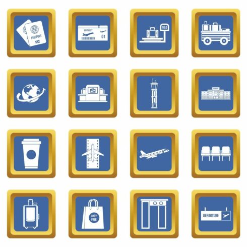 Airport icons set blue cover image.