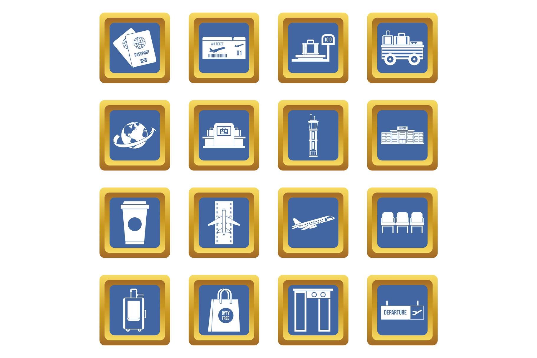 Airport icons set blue cover image.