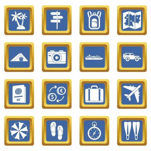 Travel icons set blue cover image.